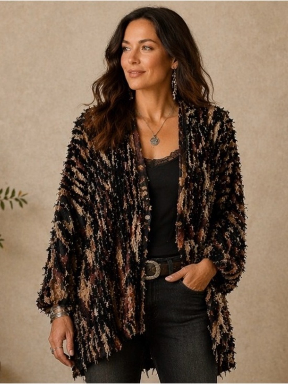 Vintage Artisan Textured Boho Southwest Jacket – Oversized Cotton Strips-L/XL‎
